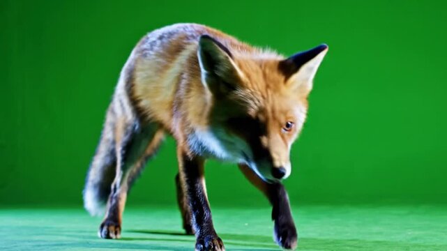 A red fox with dark legs walks cautiously forward against a vibrant green screen background, looking directly ahead.