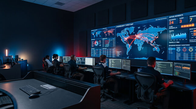 Professional cybersecurity operations center with monitoring screens, network security analysis, server performance metrics, threat detection, enterprise technology infrastructure, dark command center