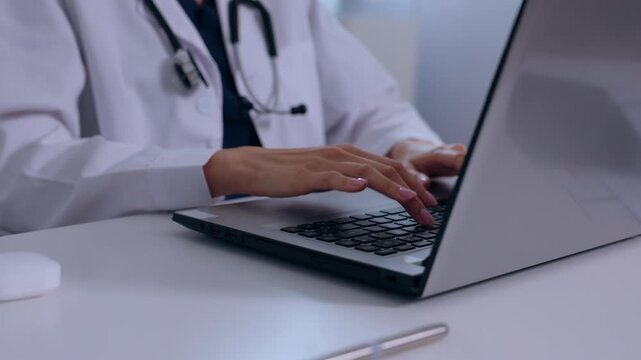 Dedicated medical doctor wearing white coat with stethoscope typing on modern laptop computer keyboard sitting at clinic desk providing online telemedicine healthcare consultation reviewing records