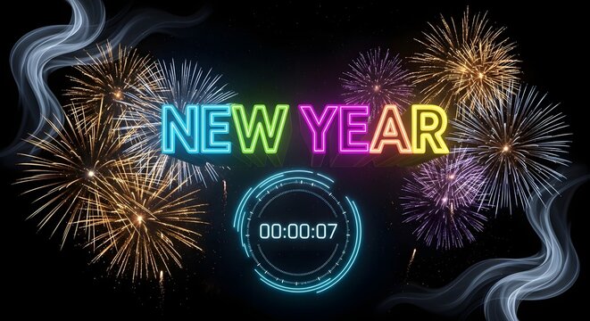 New Year countdown clock displays seven seconds remaining amidst vibrant exploding fireworks.