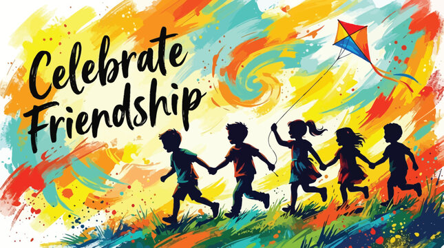 Celebrate friendship children silhouettes running with kite in colorful brushstrokes