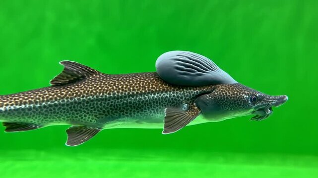A unique fish with a large, grey, fan-like structure on its back, swimming against a vibrant green background.