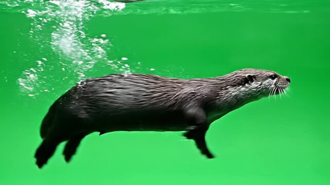 An otter swimming gracefully underwater with bubbles rising against a vibrant green background.