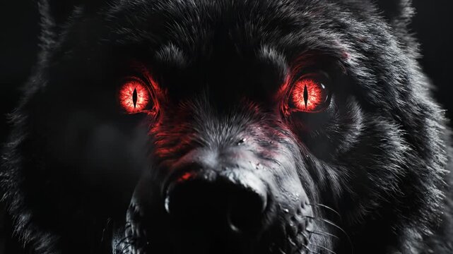Closeup of a black wolf with glowing red eyes ideal for creative backgrounds and modern web design