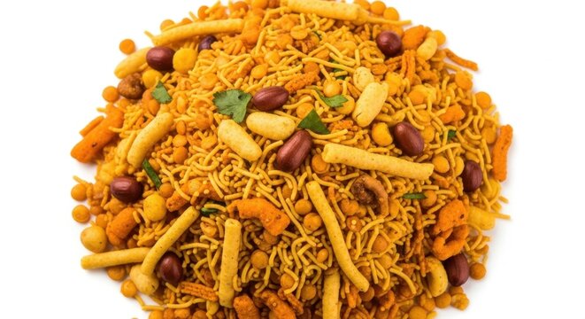 Pile of savory Indian snack mix called namkeen with peanuts, sev and corn puffs.
