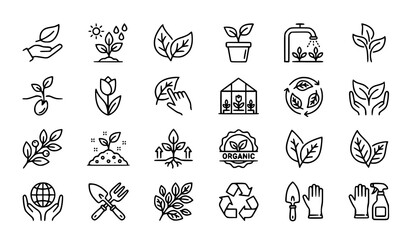 Editable Plant Related Line Icons with Leaf Gardening Ecology and Growing Symbols © MdMoymul