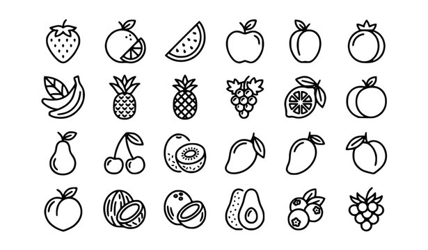 Simple Fruits Line Icons Set with Strawberry Orange Watermelon and Fresh Food Symbols