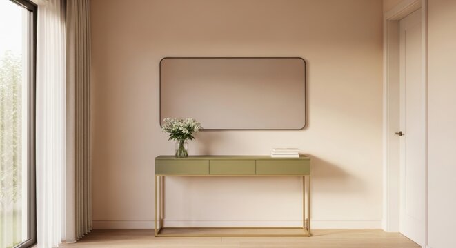 Stylish console table with mirror and vase of flowers mockup.