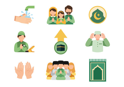 Muslim Prayer and Worship Symbols with Family Imam Mosque and Ablution