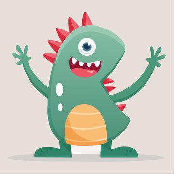 Cute Green Cartoon Monster Waving