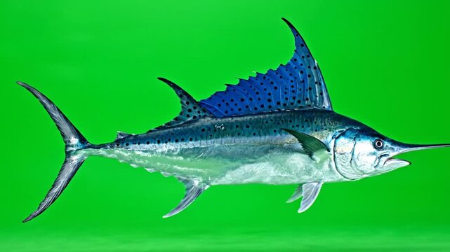 A majestic blue marlin fish with its distinctive dorsal fin and bill swimming against a vibrant green background.
