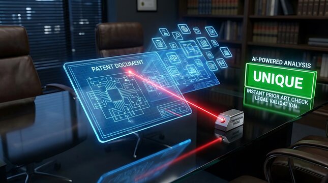 Advanced analytics technology displays unique patent information on a computer screen in a modern office setting with leather chairs and wooden bookshelves.