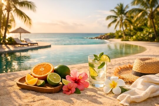 tropical resort poolside setup with citrus fruits and refreshing drinks