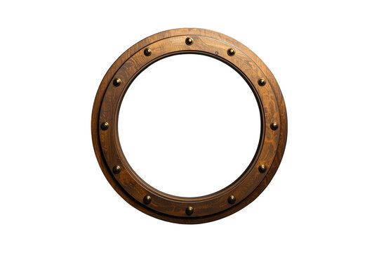 Wooden porthole with brass studs on transparent background, maritime design element for nautical themes and exploration