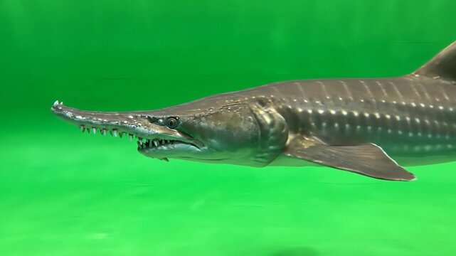 A close-up view of a sawfish swimming underwater with its distinctive saw-like snout and teeth clearly visible against a green background.