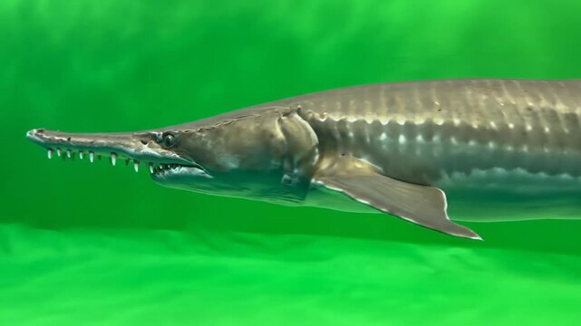 Close-up view of a prehistoric fish with a long, toothy snout swimming in a green underwater environment.