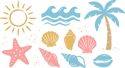 Tropical summer beach icon set featuring sun waves palm tree starfish and assorted seashells in hand drawn aesthetic vector illustration © Kanon Islam