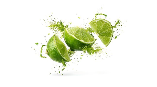 Vibrant lime slices bursting with freshness, showcasing citrus explosion on white background.