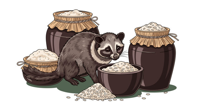 Cute Asian Palm Civet & Kopi Luwak Coffee Beans Cartoon Style, Coveted & Expensive, Isolated on Transparent Background. Gourmet Illustration for Luxury Brands