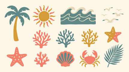 Collection of hand drawn flat ocean beach elements including palm tree sun waves coral crab and seashell summer vacation vector illustration © Kanon Islam
