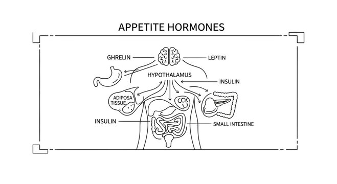 Appetite Hormones Diagram: Ghrelin, Leptin, Insulin, CCK and Hypothalamus Interaction