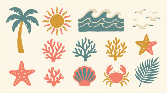 Collection of hand drawn flat ocean beach elements including palm tree sun waves coral crab and seashell summer vacation vector illustration