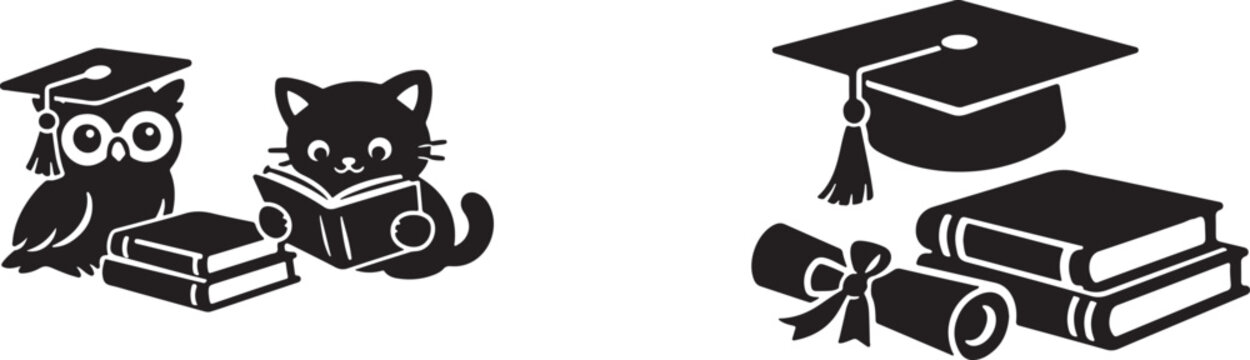 Graduation education silhouette vector icon set with books and diploma.