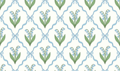 Fototapeta premium Seamless vintage floral pattern featuring delicate hand drawn lily of the valley flowers with blue ribbon trellis lattice vector illustration