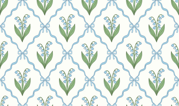 Seamless vintage floral pattern featuring delicate hand drawn lily of the valley flowers with blue ribbon trellis lattice vector illustration