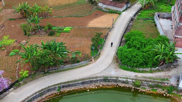  Lonely Elderly Villager Walking Alone on Empty Village Path, Rural Depopulation