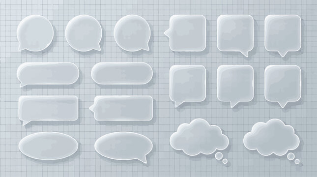 Modern transparent glassmorphism speech bubble set with frosted glass effect 3D glossy chat icons and message boxes for web vector illustration