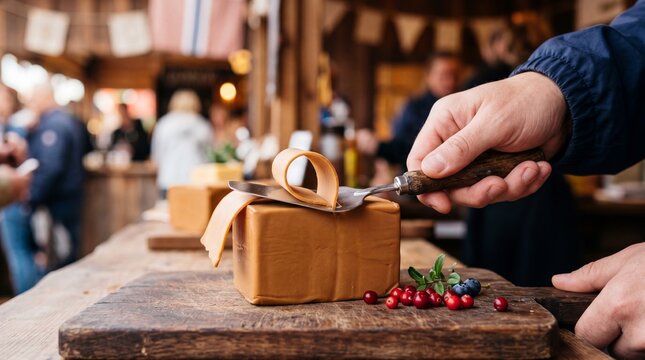 Slicing Traditional Norwegian Brunost Brown Cheese at Gladmat Festival Stavanger