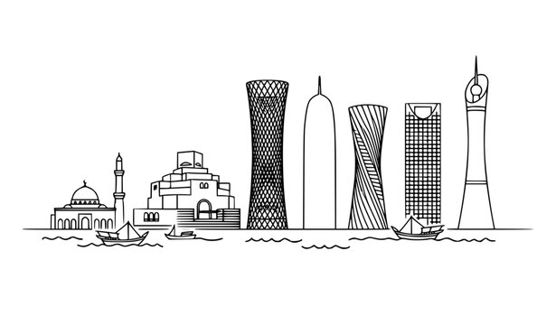 Doha Skyline Architectural Outline Vector with Clean Technical Line Drawing Style