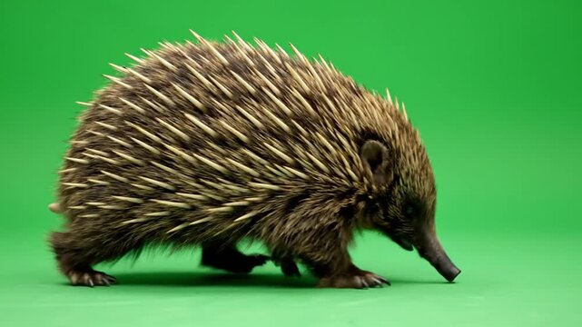A short-beaked echidna, a spiny anteater, walking on a vibrant green background, showcasing its unique features and texture.
