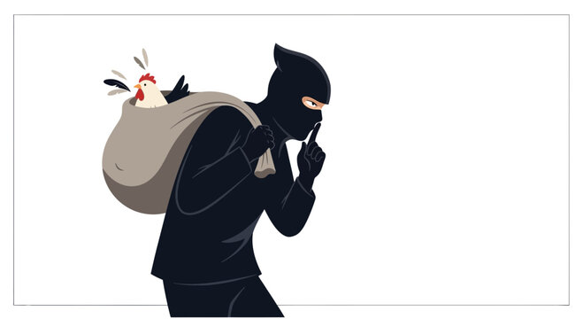 Thief carrying sack with chicken, shushing gesture, stealthy crime concept