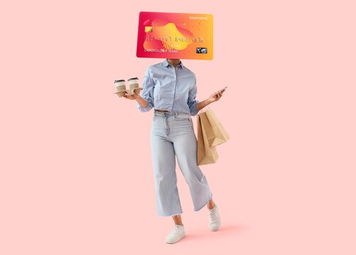 Going woman with credit card instead of her head, mobile phone, coffee and shopping bags on pink background