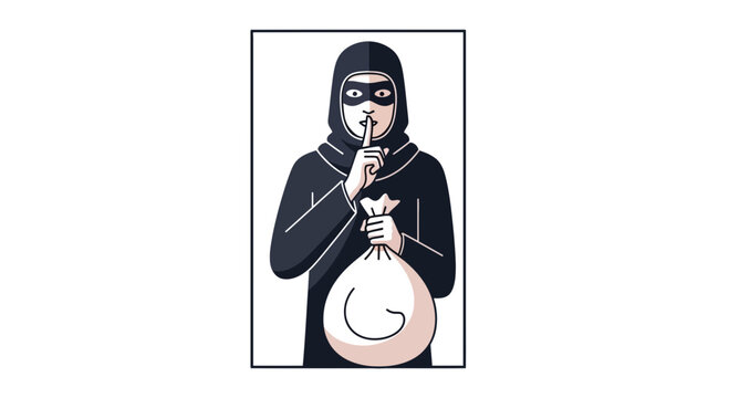Thief in disguise holding a sack of loot, shushing with finger to lips