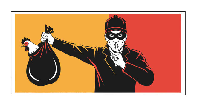 Thief in mask stealing chicken in sack, shushing, concept of crime, theft, farm animal stealing