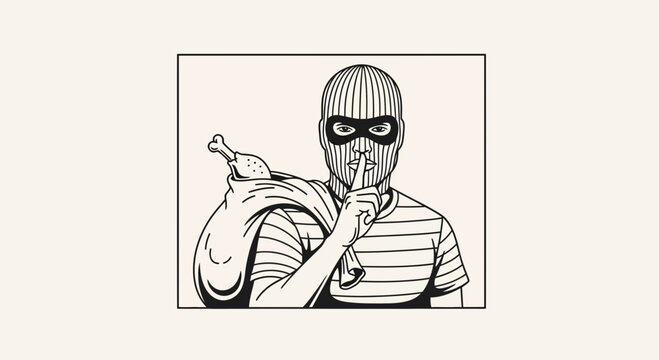 Thief in ski mask steals chicken leg from sack, shushing, funny concept, black and white illustration
