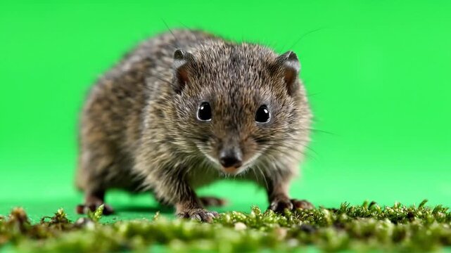A small, furry shrew-like animal with big eyes stands on green moss against a vibrant green background.