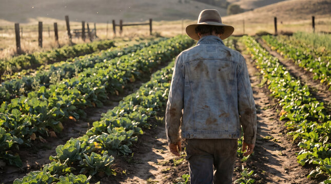 Farmer walking between rows of organic crops at sunset