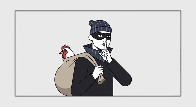 Thief stealing a chicken in a sack, making a shushing gesture, concept of rural crime and stealth.