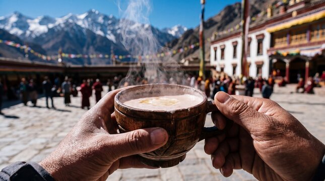 Hands holding a steaming wooden cup of yak butter tea at a Himalayan monastery.