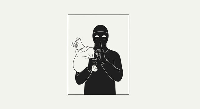 Thief Silhouette with Loot Bag Making Shushing Gesture, Secretive Crime Concept