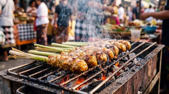 Traditional Balinese sate lilit minced meat skewers grilling over hot charcoal smoke