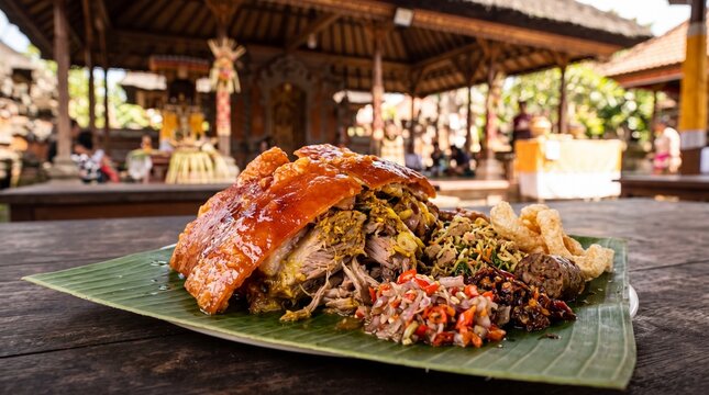 Traditional Babi Guling Balinese suckling pig with crispy skin served on a banana leaf