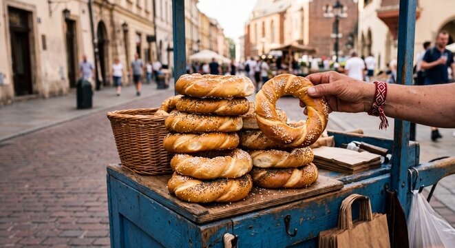 Obwarzanek Krakowski Traditional Polish Street Food Bread in Krakow Old Town