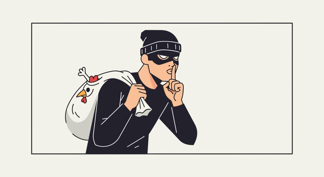Thief Stealing Chicken In Bag, Shushing Gesture, Secretive Nighttime Heist