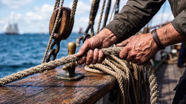 Close up of weathered hands of a sailor pulling a thick hemp rope on a wooden ship