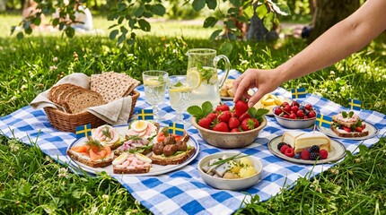 Outdoor Swedish National Day picnic with traditional smörgås and strawberries